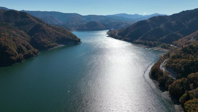 岐阜県荘川 御母衣ダムの紅葉 ドローン空撮