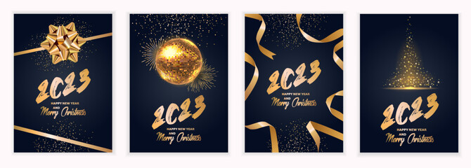 Happy New Year 2023 and Merry Christmas. Set of Christmas templates for party banners, cards, posters, flyers. Disco party poster. Ribbons, bow and disco ball. Vector illustration. - 543830082