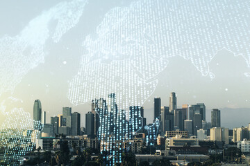 Abstract creative world map interface on Los Angeles skyline background, international trading concept. Multiexposure