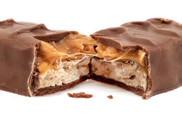 Chocolate bar with nougat on a white background. The bar is broken into two parts isolate