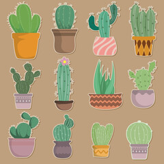 Set of hand drawn Cactus in pots.