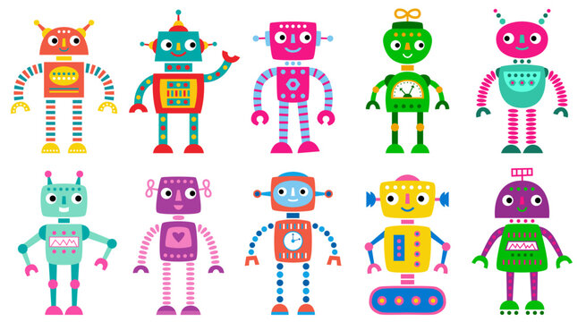 Cute vector cartoon robots, colorful clip art set