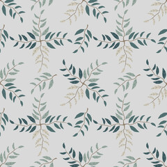 Seamless branch pattern with leaves, Botanical illustration, Greenery background, Floral wallpaper, Foliage repeat print, Design for prints, home decoration, fabric and cover design