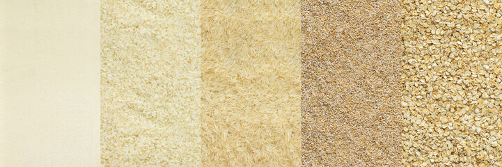 Various grain cereals banner, top view, semolina and rice, wheat and oats