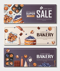 Set of flyers with baking elements. Baking,bakery,shop,cooking,sweet,pastry concept. Vector illustration for poster, banner, flyer, menu, promotion.