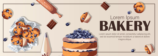 Pastry, baking products, cake, muffins, utensils, copy-space on light. Bakeries, shops, confectionery, cooking, dessert concept. Vector illustration for poster,banner,flyer,menu,advertising. 
