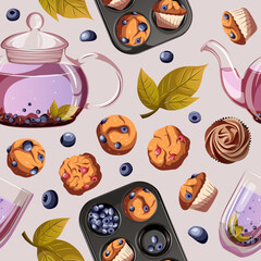 Seamless pattern with pastry,baking products,teapot,cup of tea. Vector illustration of blueberry muffins,cookies,berries. Bakeries,cafe,shop,print,textile,menu concept.