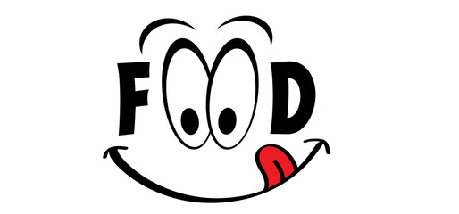 For world Food Day. Yummy smile face with red tongue and lick. Vector laugh cartoon slobber sign or con. Delicious, hungry, tasty eating. Lips or licking symbol or logo.