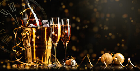 Happy New Year! Golden Bucket with champagne, two glasses and a golden serpentine on a black...