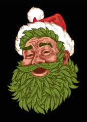 Marijuana Santa Claus. Santa with green marijuana leaf beard smiling face. Isolated vintage Christmas illustration.