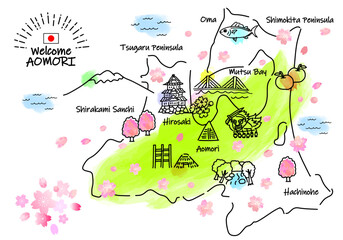春の青森県の観光地シンプル線画イラストマップ