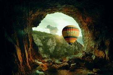hot air balloon in the mountains, New year 2023 or start and beginning concept