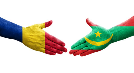 Handshake between Mauritania and Romania flags painted on hands, isolated transparent image.