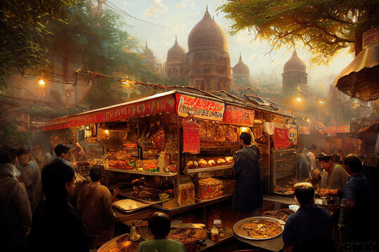 AI generated image of people enjoying street food in India 