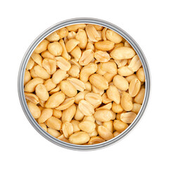 Roasted and salted peanuts in an opened tin can, close-up, from above, isolated, over white. Snack...