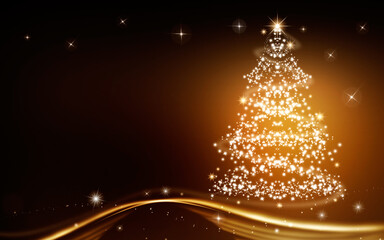 The Magic Christmas Tree. Merry Christmas and happy New Year greeting card. Elegant golden Christmas background