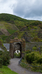 Path leads to the ruins of the castle in Beilstein, Germany, Rhineland. cloudy.