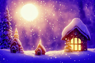 Abstract toy castle. Fairy hut. Christmas winter background. 3d image