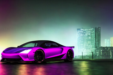 Futuristicc concept sport car in a metaverse city. Neon glowing. 3d