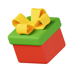 A green-red gift box with a yellow ribbon bow. Christmas, new year holiday celebration icon concept. Cute cartoon style 3D Render Illustration