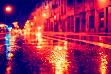 Night city lights, rain, bokeh, flares, reflections. 3d