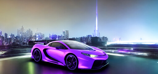 Futuristicc concept sport car in a metaverse city. Neon glowing. 3d