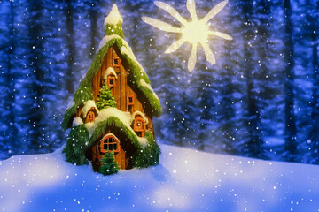 Abstract toy castle. Fairy hut. Christmas winter background. 3d image