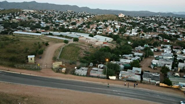 Skating in the ghetto - aerial view of Slums in the city of Windhoek