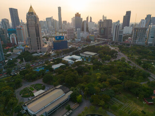 Aerial view sunset office  building Lumpini park