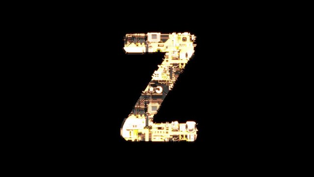 grunge metal alphabet glowing with golden shine, isolated - loop video