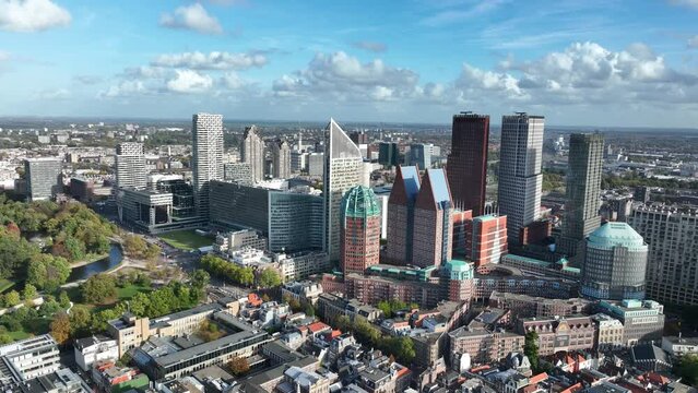 The Hague urban skyline of the center in The Netherlands south Holland, houses dutch government embassier ministires and supreme court and royal family. Aerial drone view.