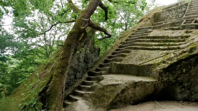 The etruscan pyramid located in Bomarzo, Italy, a huge stone structure into the woods. Handheld panning medium shot.
