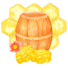 Hand drawn watercolor honey barrel and combs composition on white background. Scrapbook design, logo, label, banner.