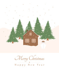 Naklejka premium Winter snowy landscape with house, forest and snowman