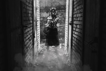 Ukrainian woman in a gas mask, a pot with a plant. Dressed in a traditional folk costume. They hide...