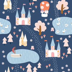 Cute fantasy kingdom seamless pattern. Childish print. Vector hand drawn illustration.