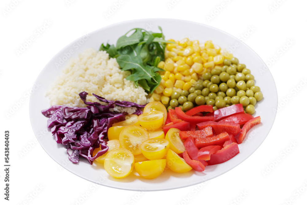 Wall mural plate of ingredients for salad : couscous, rocket salad, tomatoes, cabbage, pepper, corn and green p