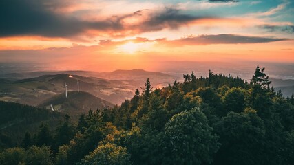 Beautiful sunset over the Black Forest in Germany.