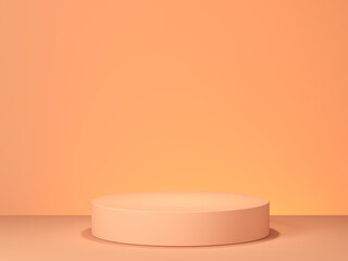 Empty podium or pedestal display on orange background with cylinder stand concept. Blank product shelf standing backdrop. 3D illustration