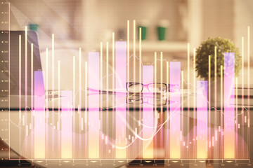 Double exposure of financial graph drawing and office interior background. Concept of stock market.