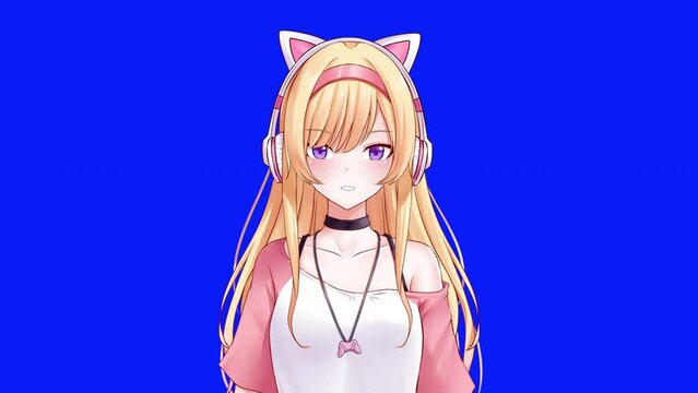 Anime girl Vtuber on blue screen interact with viewers, virtual template 4K