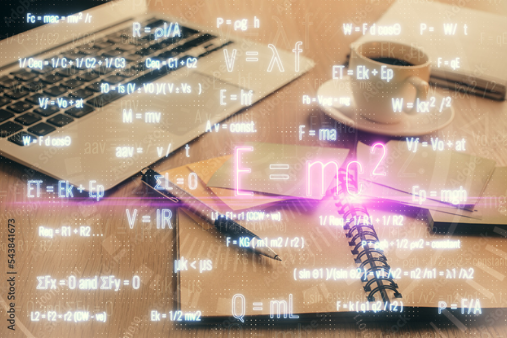 Poster double exposure of formula drawing and desktop with coffee and items on table background. concept of