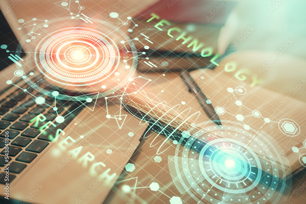 Aufkleber Double exposure of technology theme drawing and desktop with coffee and items on table background. Concept of data research.