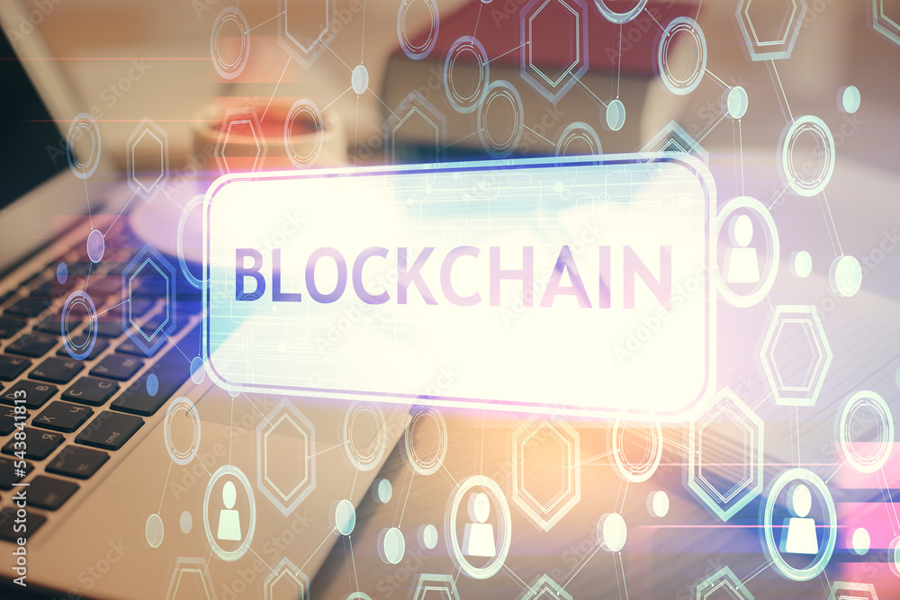 Poster Double exposure of crypto technology drawing and desktop with coffee and items on table background. Concept of blockchain