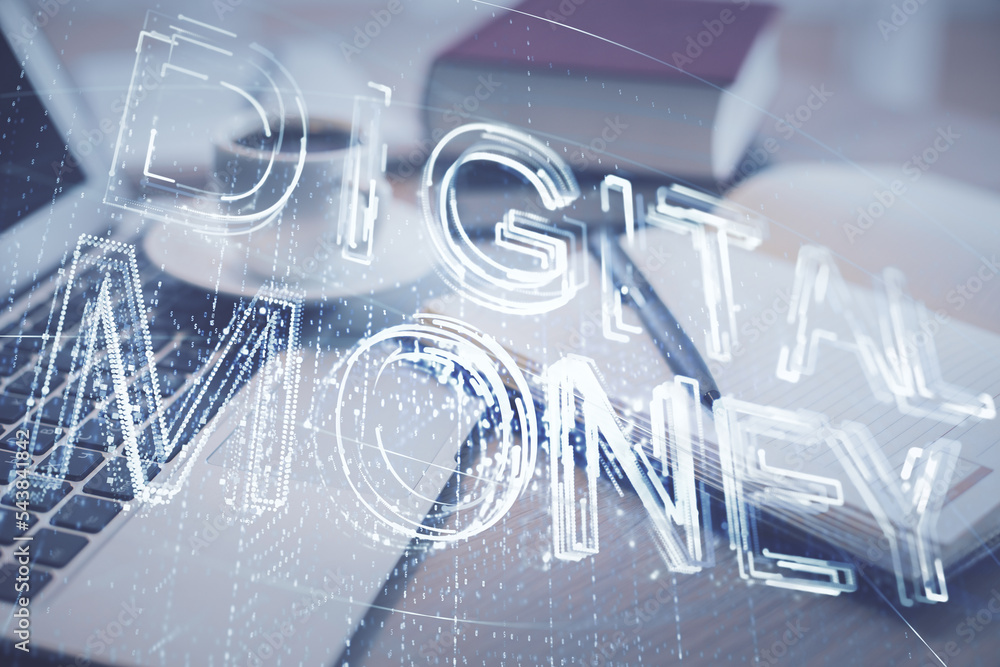 Poster Double exposure of crypto technology drawing and desktop with coffee and items on table background. Concept of blockchain