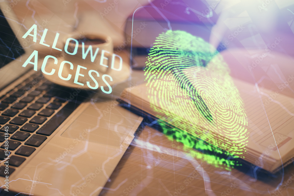 Poster Double exposure of fingerprint drawing and desktop with coffee and items on table background. Concept of security.