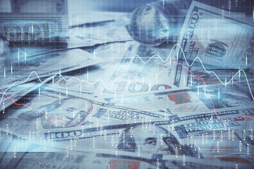 Multi exposure of forex chart drawing over us dollars bill background. Concept of financial success markets.