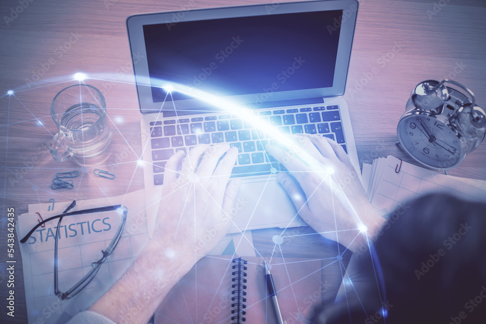Aufkleber Double exposure of man's hands typing over computer keyboard and social network theme hologram drawing. Top view. People connection web concept.