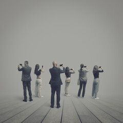 Group of people surrounded by fog and taking pictures