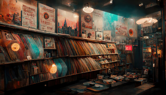 AI generated image of a vintage vinyl records music store in New York 